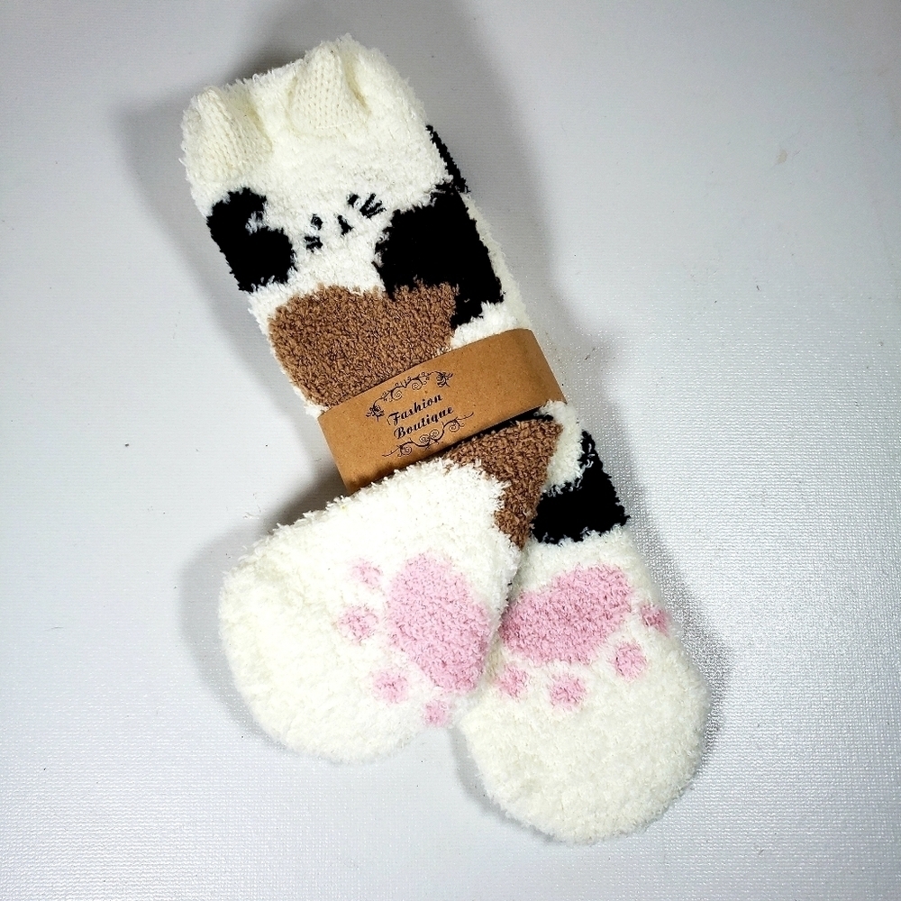 Fashion Boutique Cozy Fluffy Knit Crew Socks with Cat Design Unisex One Size
